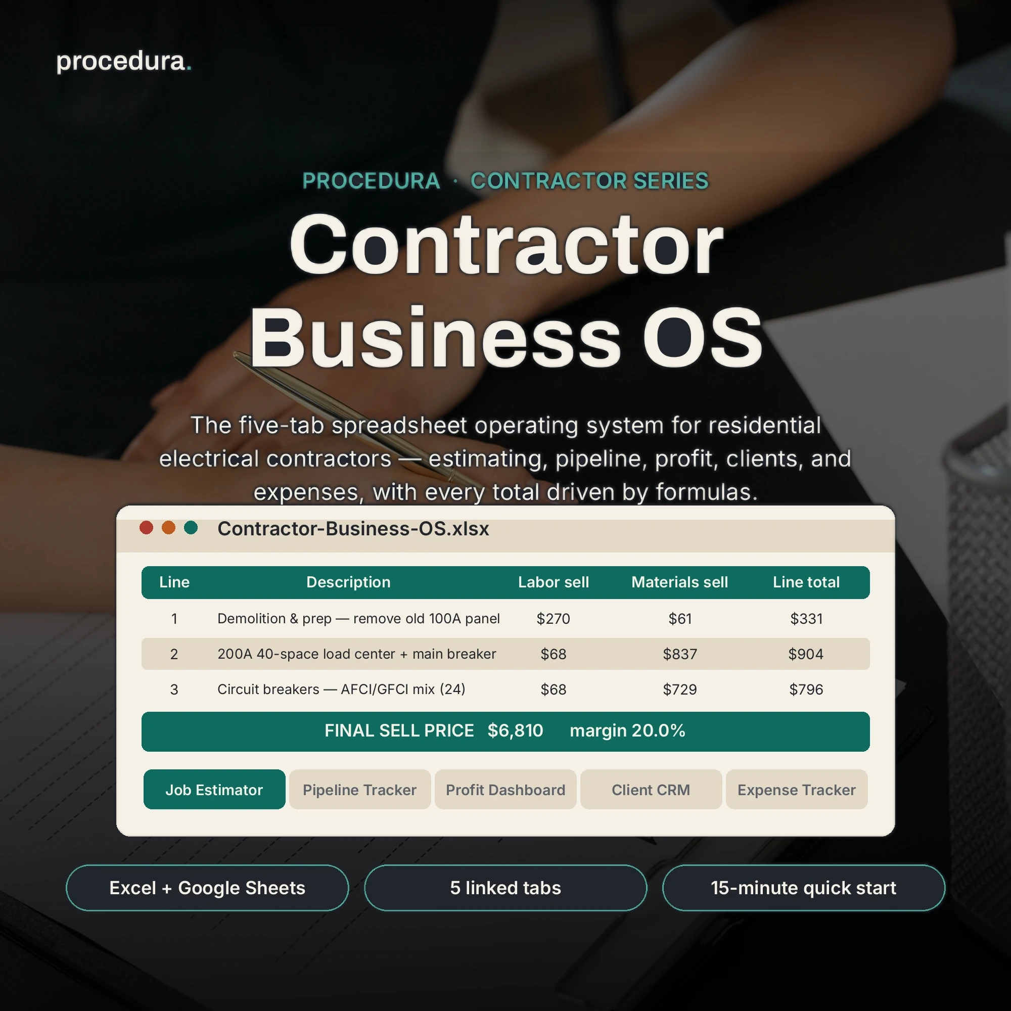 Contractor Operating System: five-tab spreadsheet operating system preview