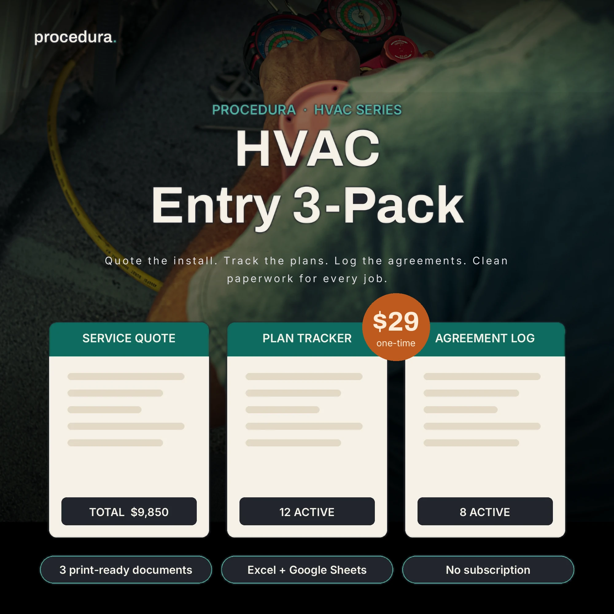 HVAC Starter 3-Pack: service quote, maintenance plan tracker, and service agreement log preview