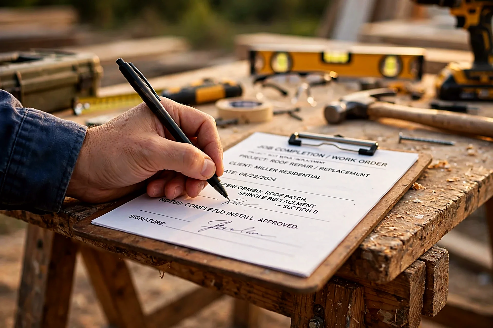 Hand signing a paper form on a clipboard on a workbench with tools nearby