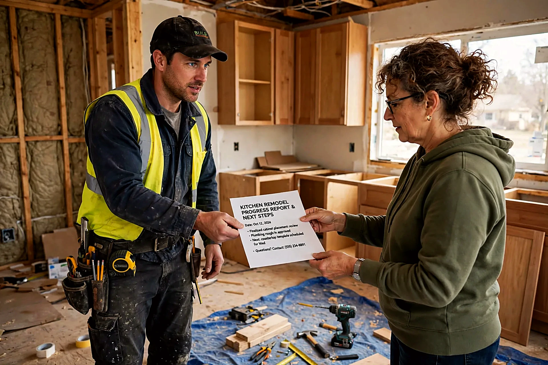 Contractor handing a printed document to a homeowner at a half-finished kitchen remodel