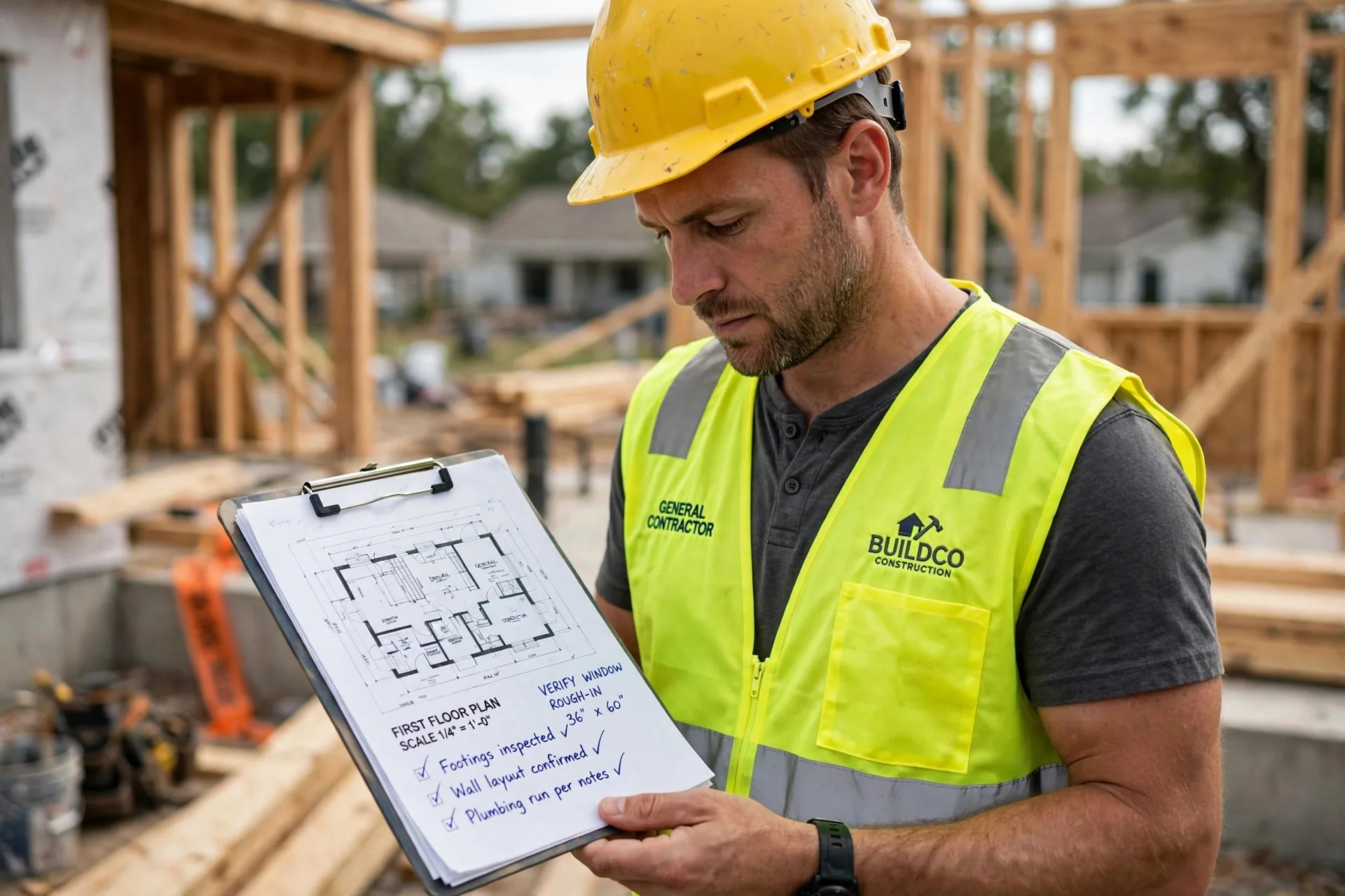 General contractor reviewing a document on a clipboard at a residential framing site
