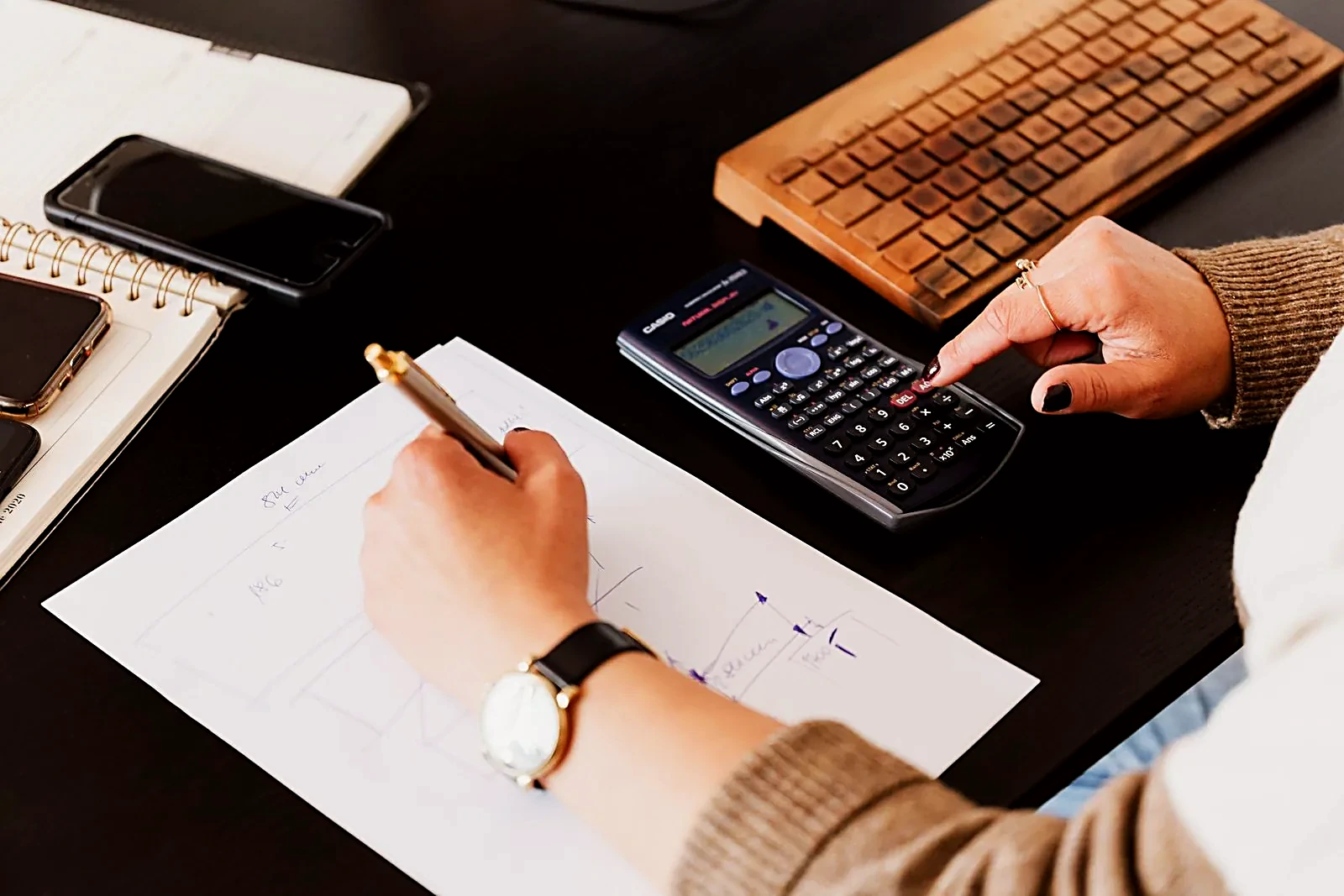 Writing calculations on paper with a calculator nearby