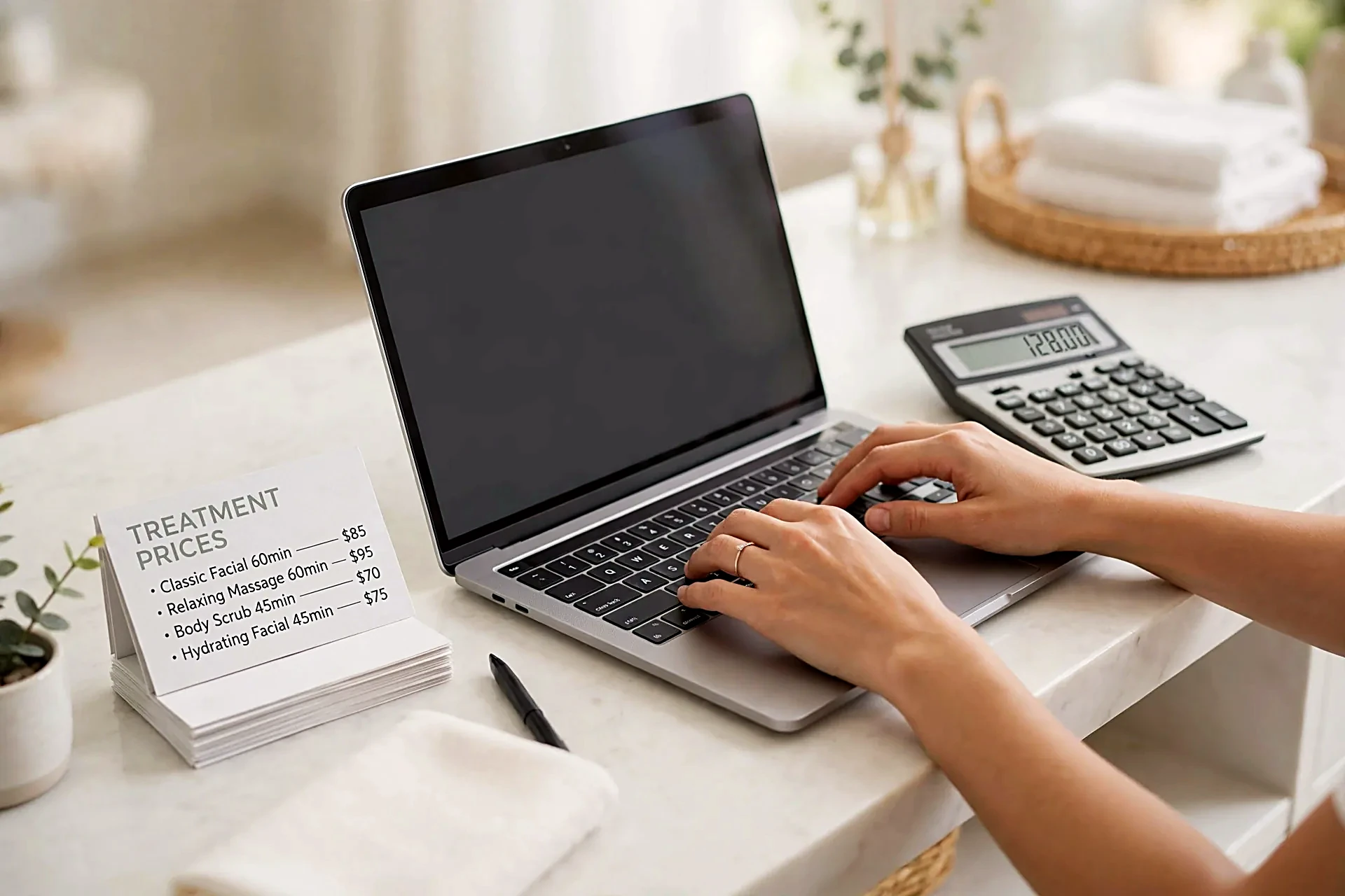 Hands typing on a laptop next to a calculator on a spa reception counter