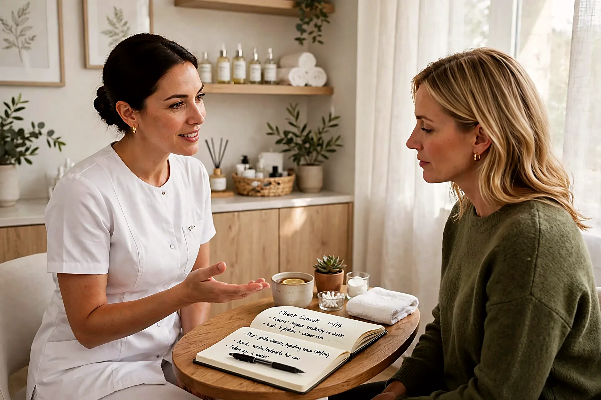 Aesthetician consulting with a client at a small table in a bright treatment room