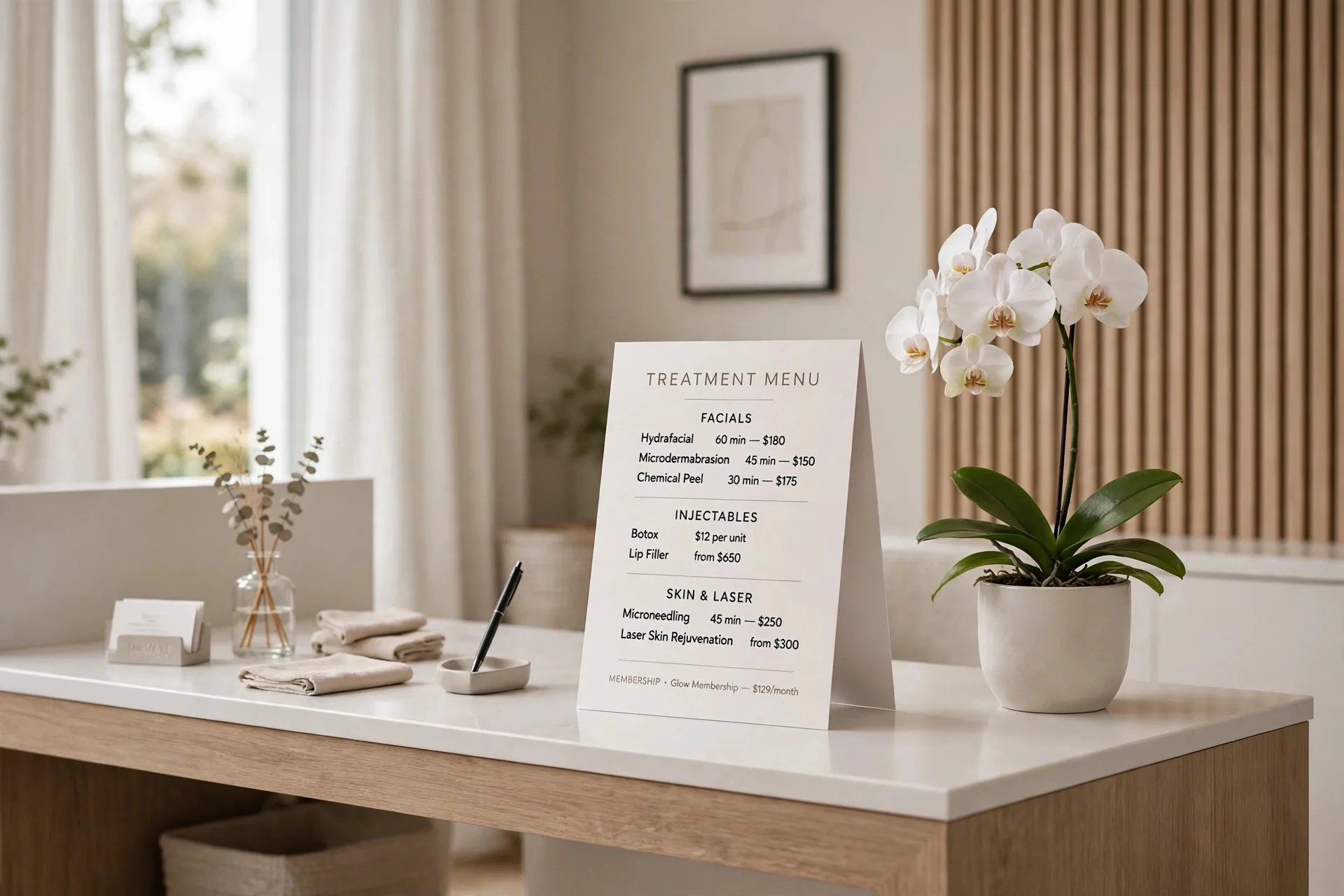 Clean modern med spa reception desk with a treatment menu card on the counter
