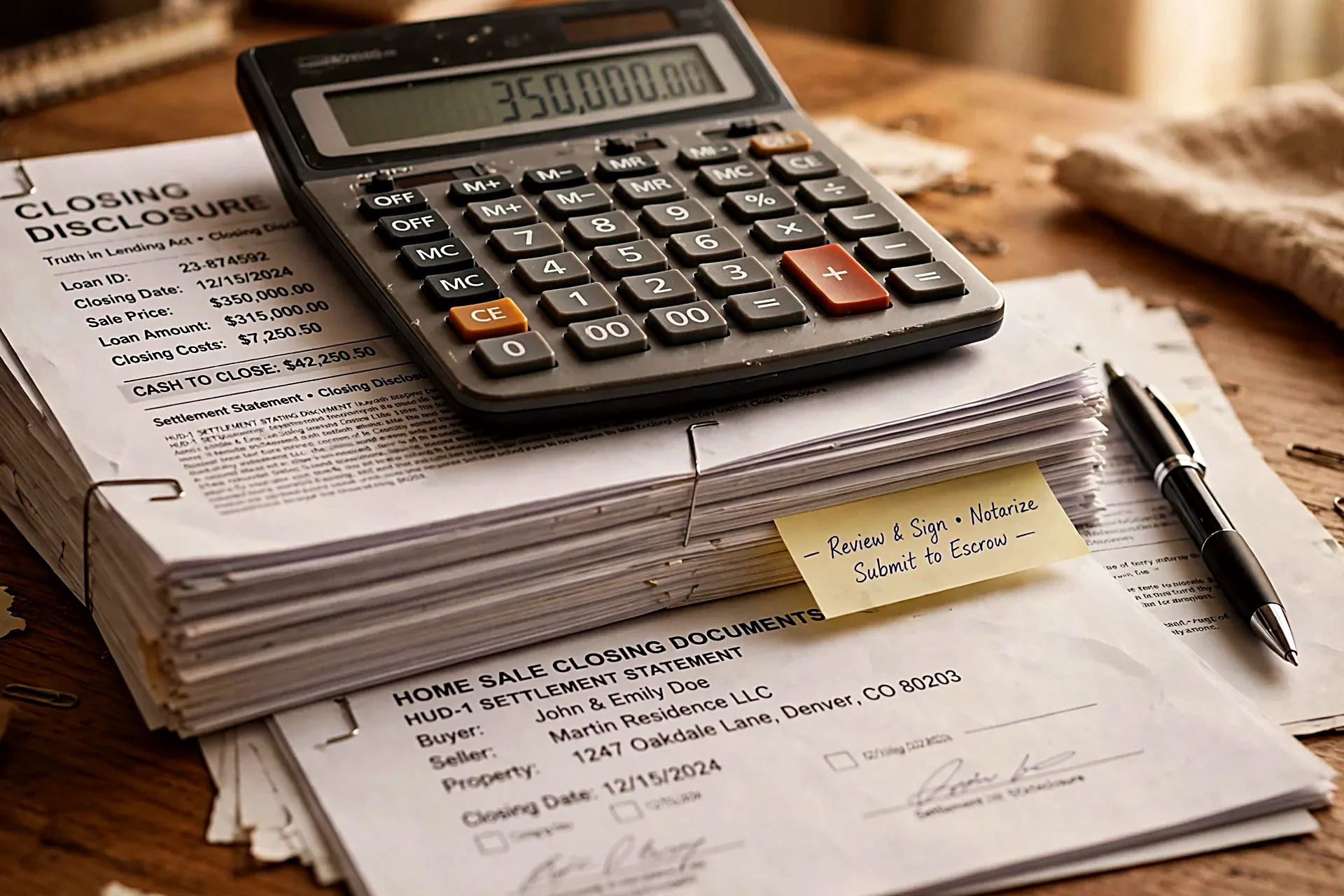 Calculator sitting on top of a stack of home sale closing documents