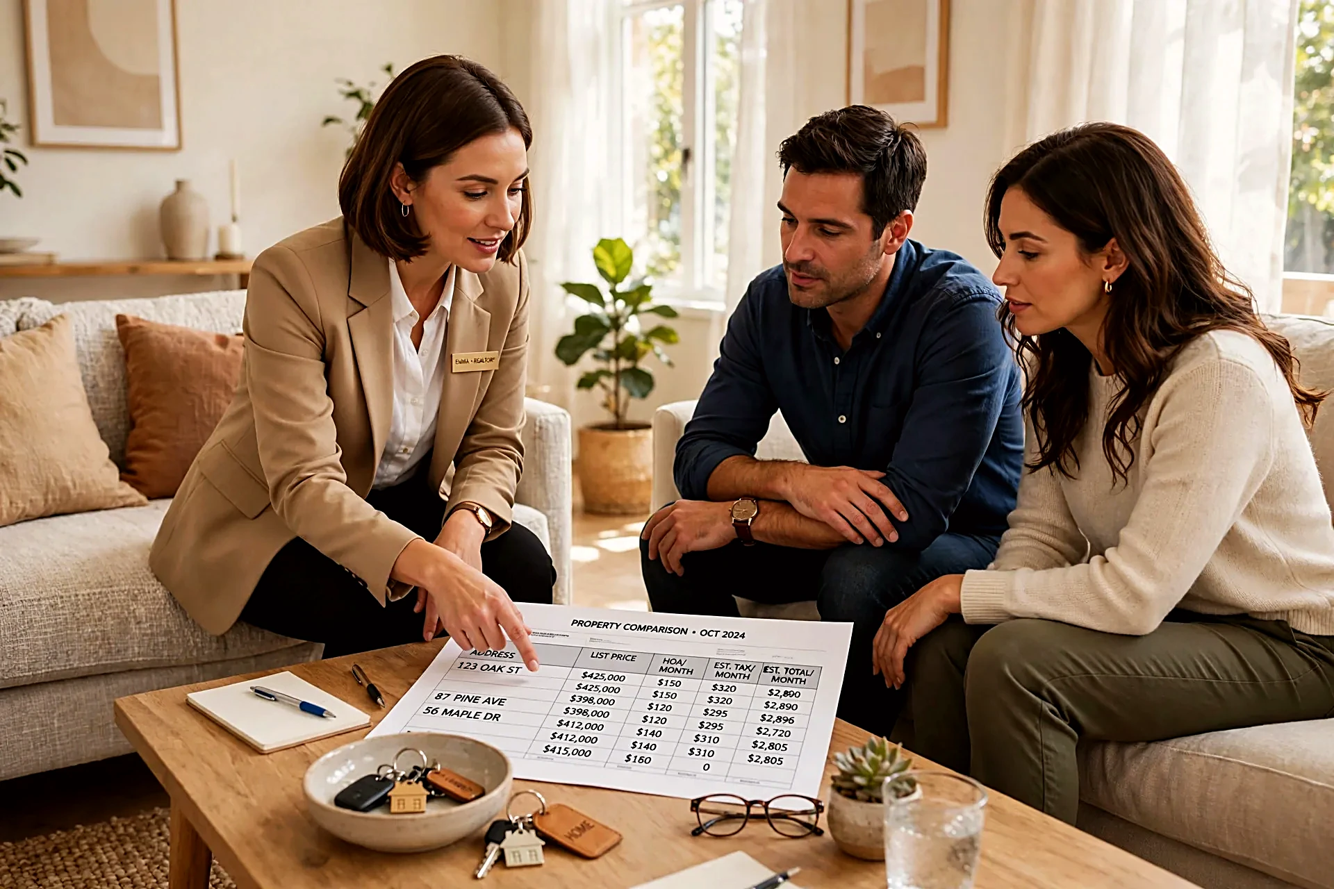 Real estate agent pointing at numbers on a printed spreadsheet while explaining to a couple