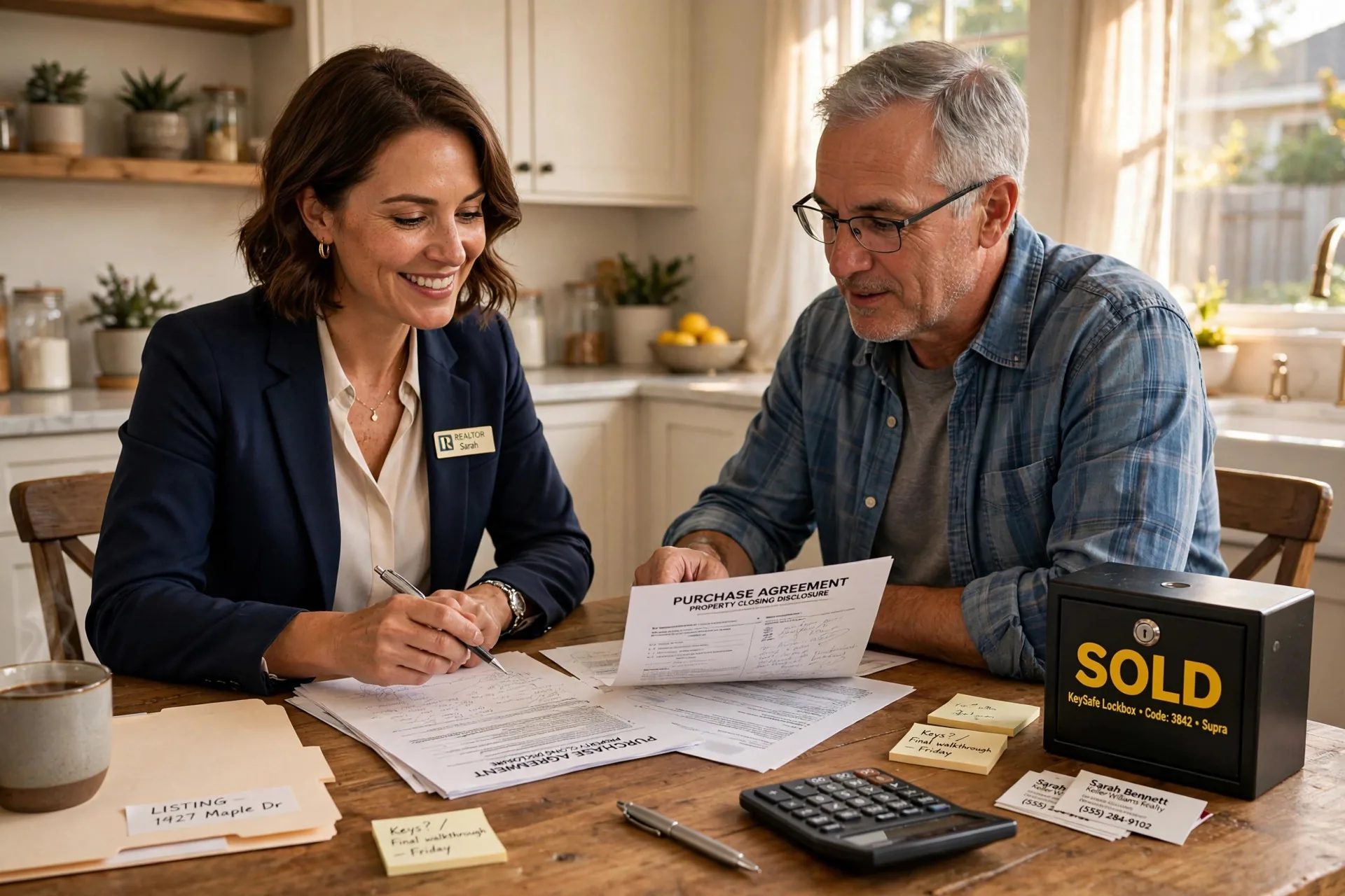 Real estate agent reviewing paperwork with a home seller at a kitchen table