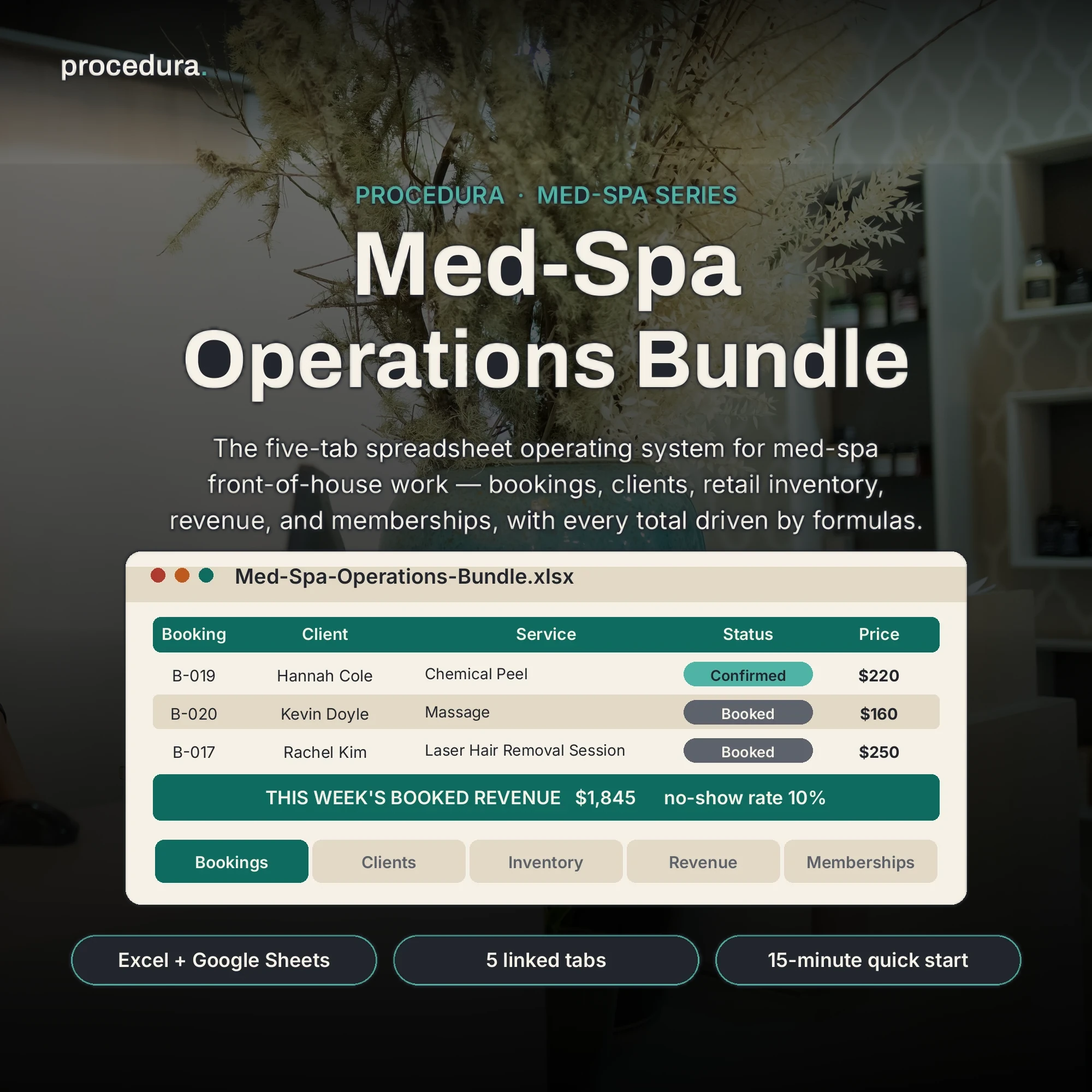 Med-Spa Operating System: five-tab spreadsheet operating system preview