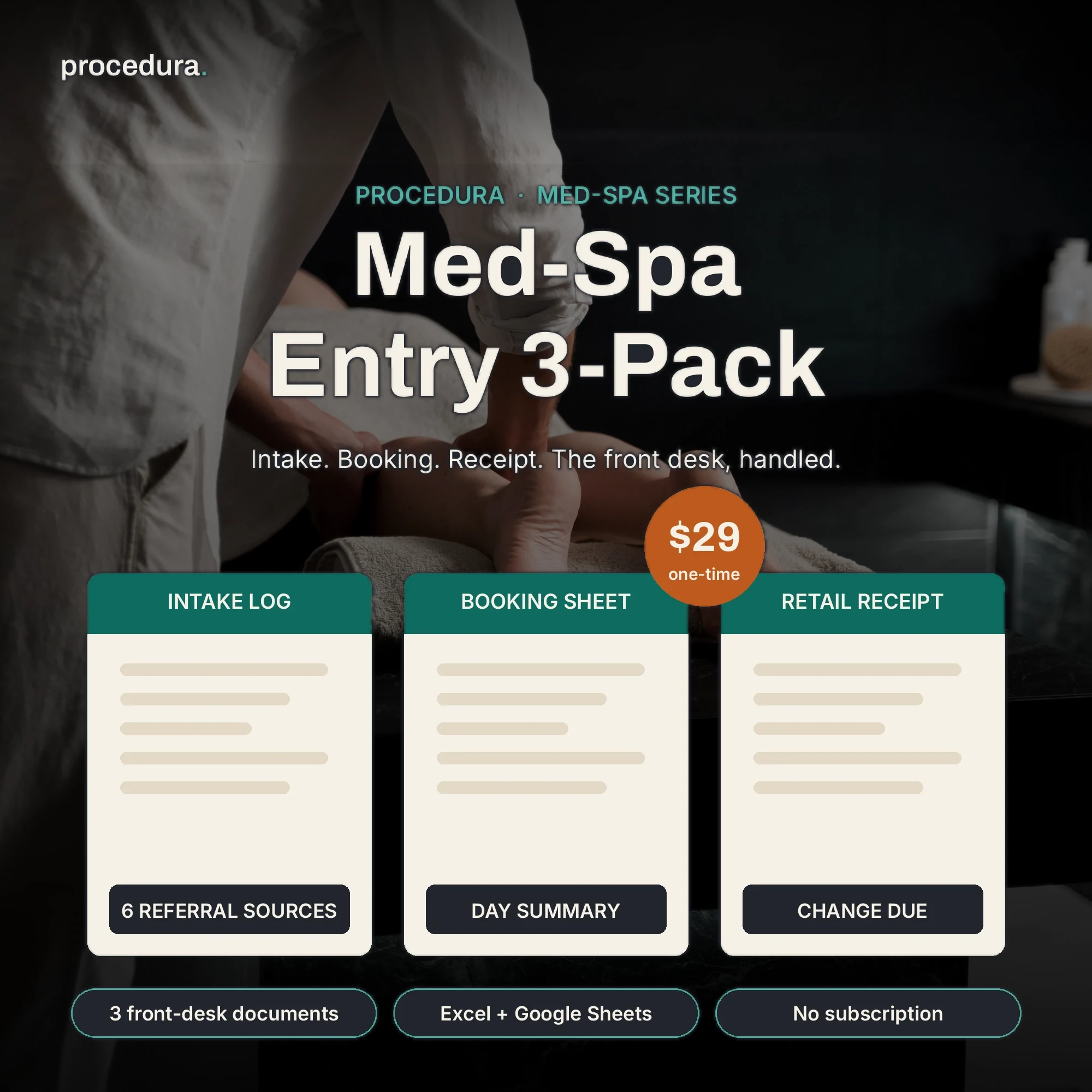 Med-Spa Starter 3-Pack: intake log, booking sheet, and retail receipt preview