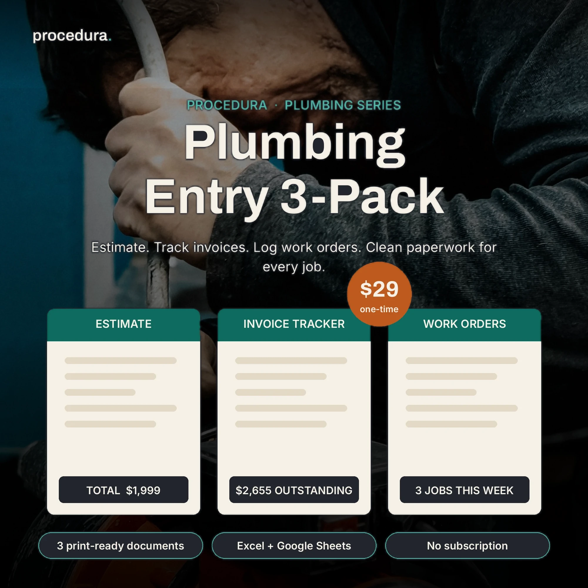 Plumbing Starter 3-Pack: estimate template, invoice tracker, and work order log preview
